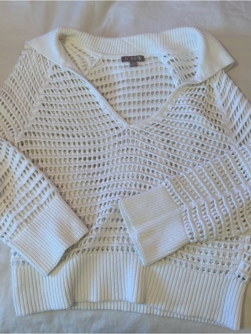 J. Crew White Open-Knit V-Neck Sweater